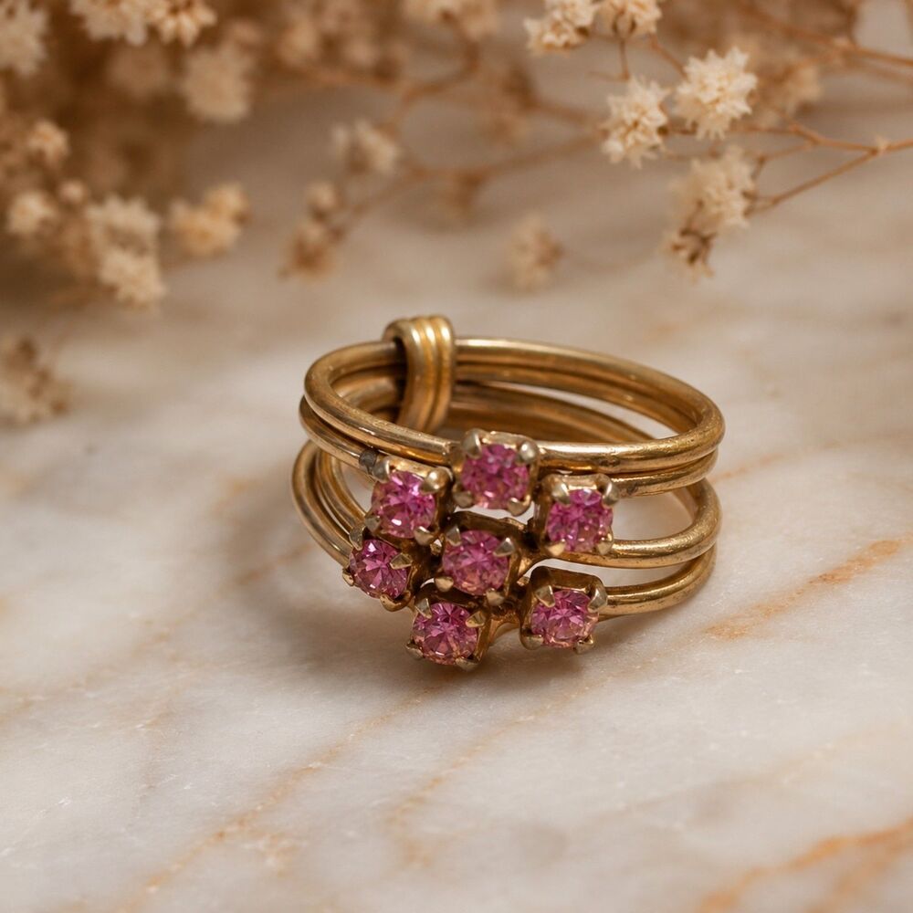 Vintage Gold Tone Pink Rhinestone Cocktail Ring, Size 6 Multi Band Retro Ring - Picture 1 of 7